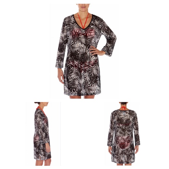 Black and White Tunic Swim Cover-Up with V-Neck - Picture 1 of 5